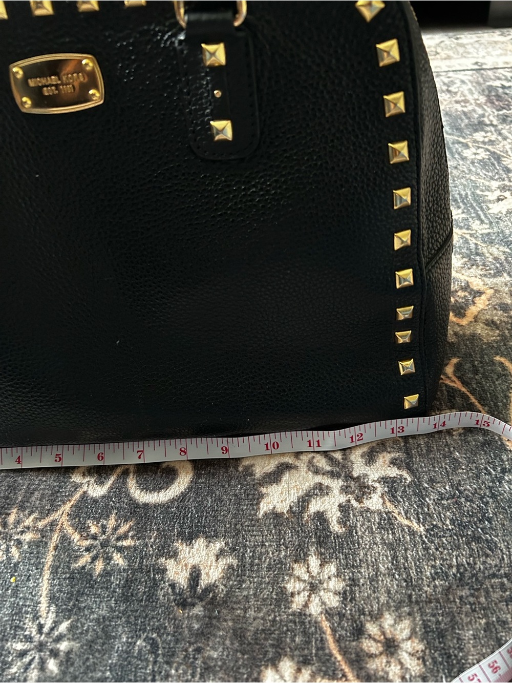 Michael Kors Sandrine Studded Leather Large Satchel Bag Black and Gold A - Picture 12 of 17